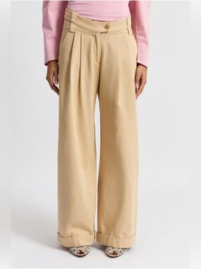 LAAGAM Smith Beige Serge Pants Tailored Trousers Cuff Hem Cut Out Waist Mid Rise